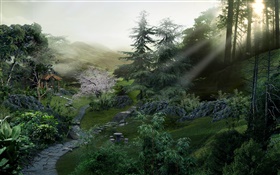 Stone path in the park, trees, sun rays, 3D render design HD wallpaper