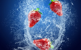 Strawberries, red berries, water splash, bubbles HD wallpaper