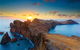 Sunset coast, rocks, sea HD wallpaper