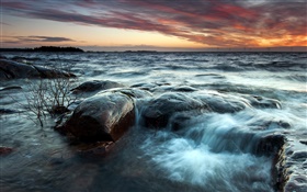 Sunset, sea, clouds, waves, stones HD wallpaper