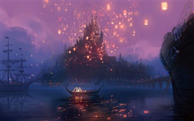 Tangled, Rapunzel, river, boat, night, lights, cartoon movie, art HD wallpaper