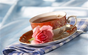 Tea, cup, drinks, pink rose flower HD wallpaper