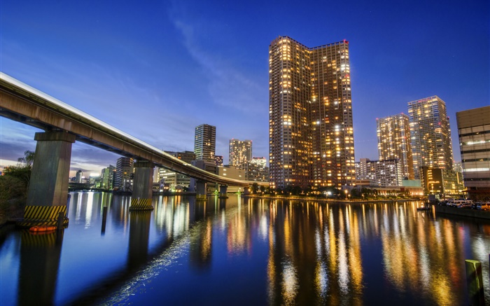 Tokyo, Japan, city, night, bay, water reflection, skyscrapers, lights Wallpapers Pictures Photos Images