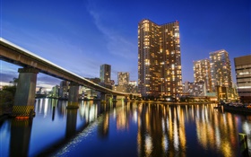 Tokyo, Japan, city, night, bay, water reflection, skyscrapers, lights HD wallpaper