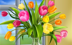 Tulips, flowers, colors, vase, art pictures HD wallpaper