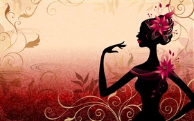 Vector girl, right view, flowers, red background HD wallpaper