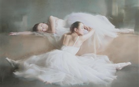 Watercolor painting, ballet, dancer girls, white dress HD wallpaper