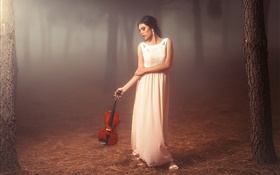 White dress girl in the forest, violin, mood HD wallpaper