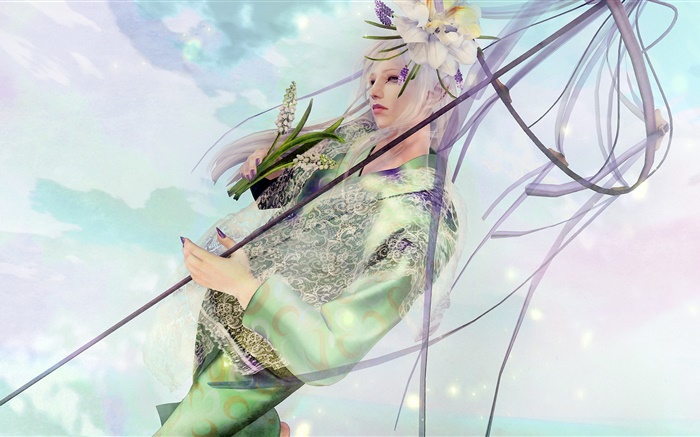 White haired fantasy girl, flower Wallpapers Pictures Photos Images