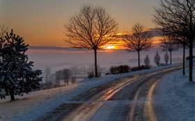 Winter, morning, dawn, road, trees, snow, sunrise HD wallpaper
