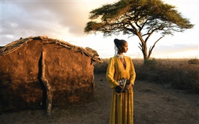 Yellow dress fashion girl, tree, dusk