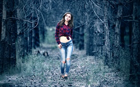 Young girl in the mysterious forest, walk, jeans, midsection, shirt HD wallpaper