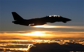 Airplane at sunset, fighter, clouds, sky HD wallpaper