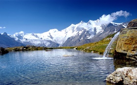 Alps, lake, clouds, blue sky HD wallpaper