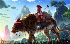 Anime girl ride tiger, mountains, grass