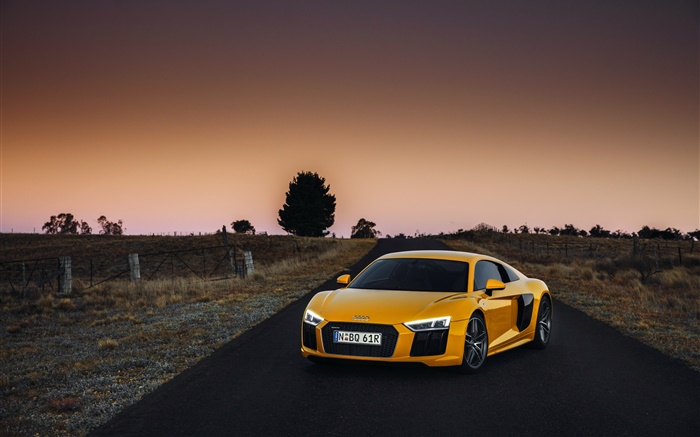Audi R8 V10 yellow supercar, dusk Wallpapers Pictures Photos Images