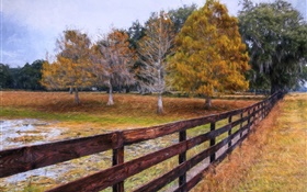 Autumn painting, trees, fence HD wallpaper