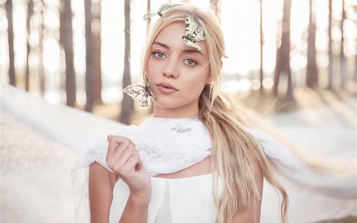 Blonde girl, butterflies, trees Wallpapers Pictures Photos Images