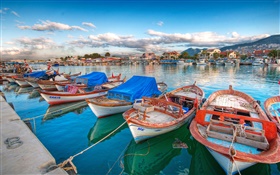 Boats, yachts, dock, houses, river