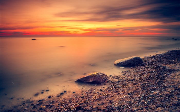 Coast, sea, beach, red sky, clouds, sunset Wallpapers Pictures Photos Images