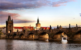 Czech Republic, Prague, city, bridge, river, houses