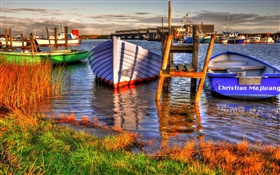 Dock, boats, river, grass, clouds HD wallpaper