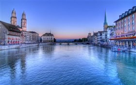 Dusk, river, houses, bridge HD wallpaper