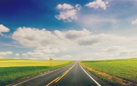 Green grass, road, highway, clouds HD wallpaper