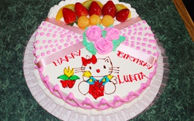 Happy Birthday cake, rose, kitten HD wallpaper