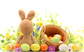 Happy Easter, colorful eggs, decoration, tulips, rabbit toy HD wallpaper
