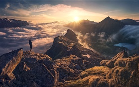 High mountain, clouds, sky, sunshine, man HD wallpaper