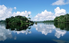 Islands, sea, water reflection, clouds HD wallpaper