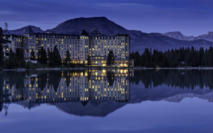 Lake Louise, Banff National Park, Alberta, Canada, night, house, lights Wallpapers Pictures Photos Images