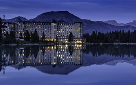 Lake Louise, Banff National Park, Alberta, Canada, night, house, lights HD wallpaper