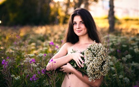 Long hair girl in summer, flowers, smile HD wallpaper