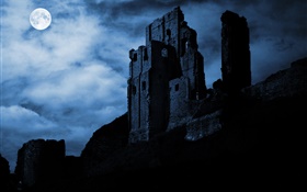 Night, moon, ruins, fortress, clouds HD wallpaper