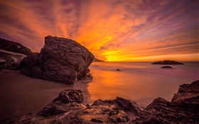 Ocean sunset, coast, rocks, clouds, red sky HD wallpaper