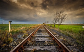 Railway, trees, clouds, dusk HD wallpaper