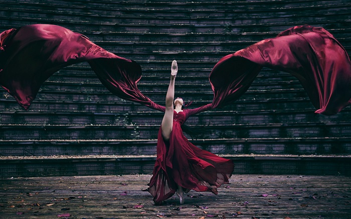 Red dress girl dance, stairs Wallpapers Pictures Photos Images
