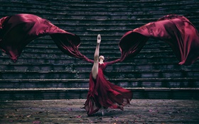Red dress girl dance, stairs HD wallpaper