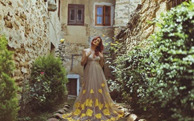 Red hair girl, long skirt, house, plants HD wallpaper
