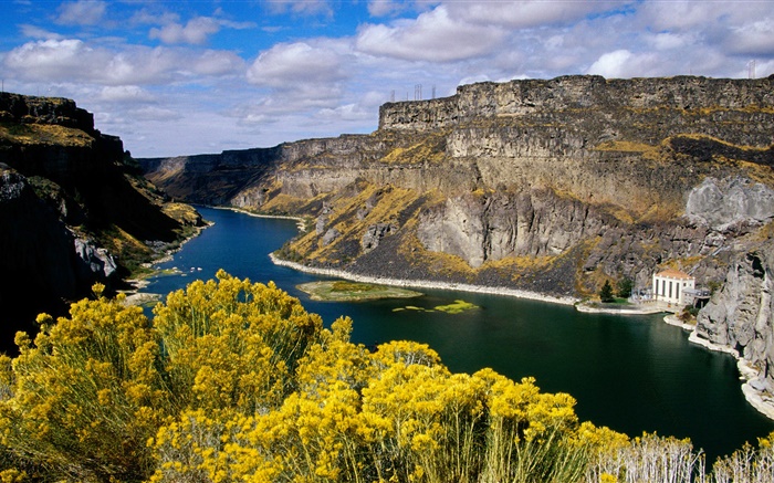 River, canyon, mountains, house, building, cliff Wallpapers Pictures Photos Images