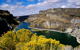River, canyon, mountains, house, building, cliff HD wallpaper