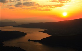River, sun, sunset, clouds, red sky HD wallpaper
