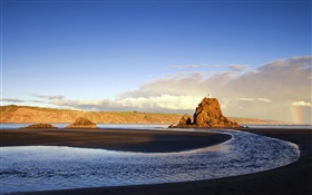 Sea, beach, coast, mountains, clouds, house HD wallpaper