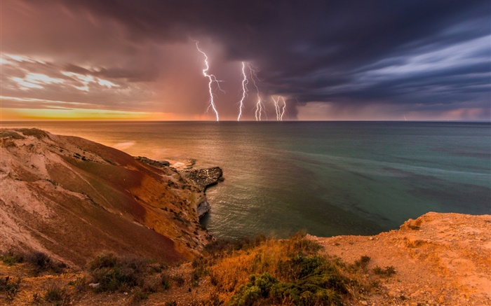 South Australia, storm, clouds, lightning, sea, coast Wallpapers Pictures Photos Images