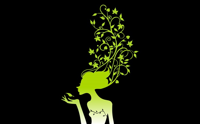 Spring girl, plants, leaves, black background, vector pictures Wallpapers Pictures Photos Images