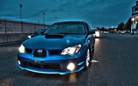 Subaru blue car at evening HD wallpaper
