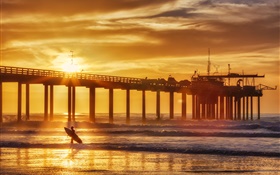 Sunset, coast, summer, pier, surfer, sea, waves HD wallpaper