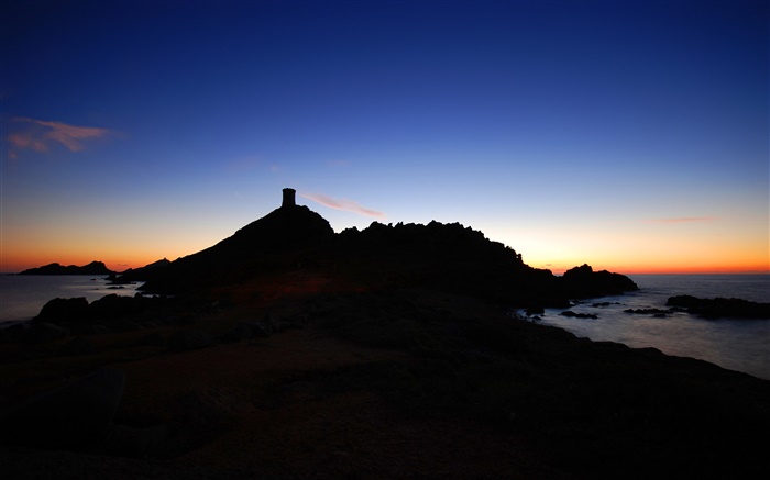 Sunset evening, rocks, sky, sea, silhouette Wallpapers Pictures Photos Images